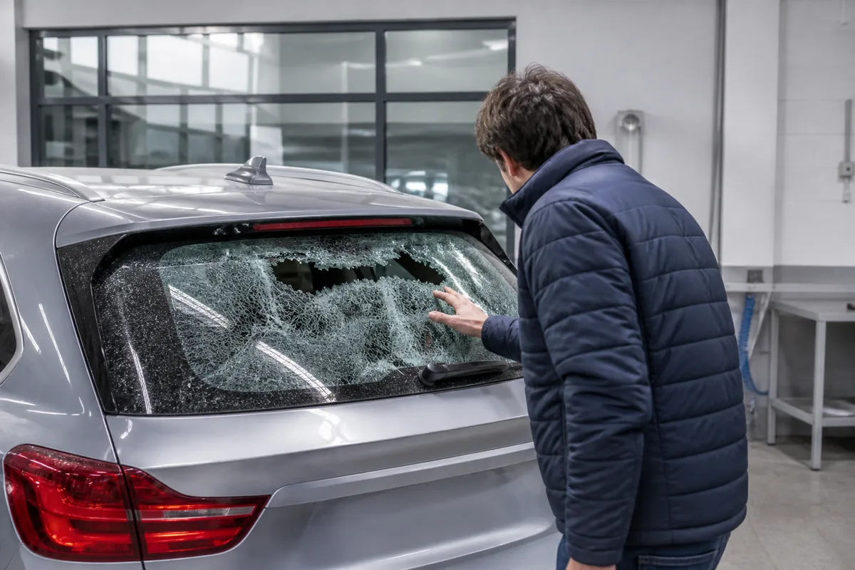 Automobiliste examinant la lunette arrière brisée de son véhicule