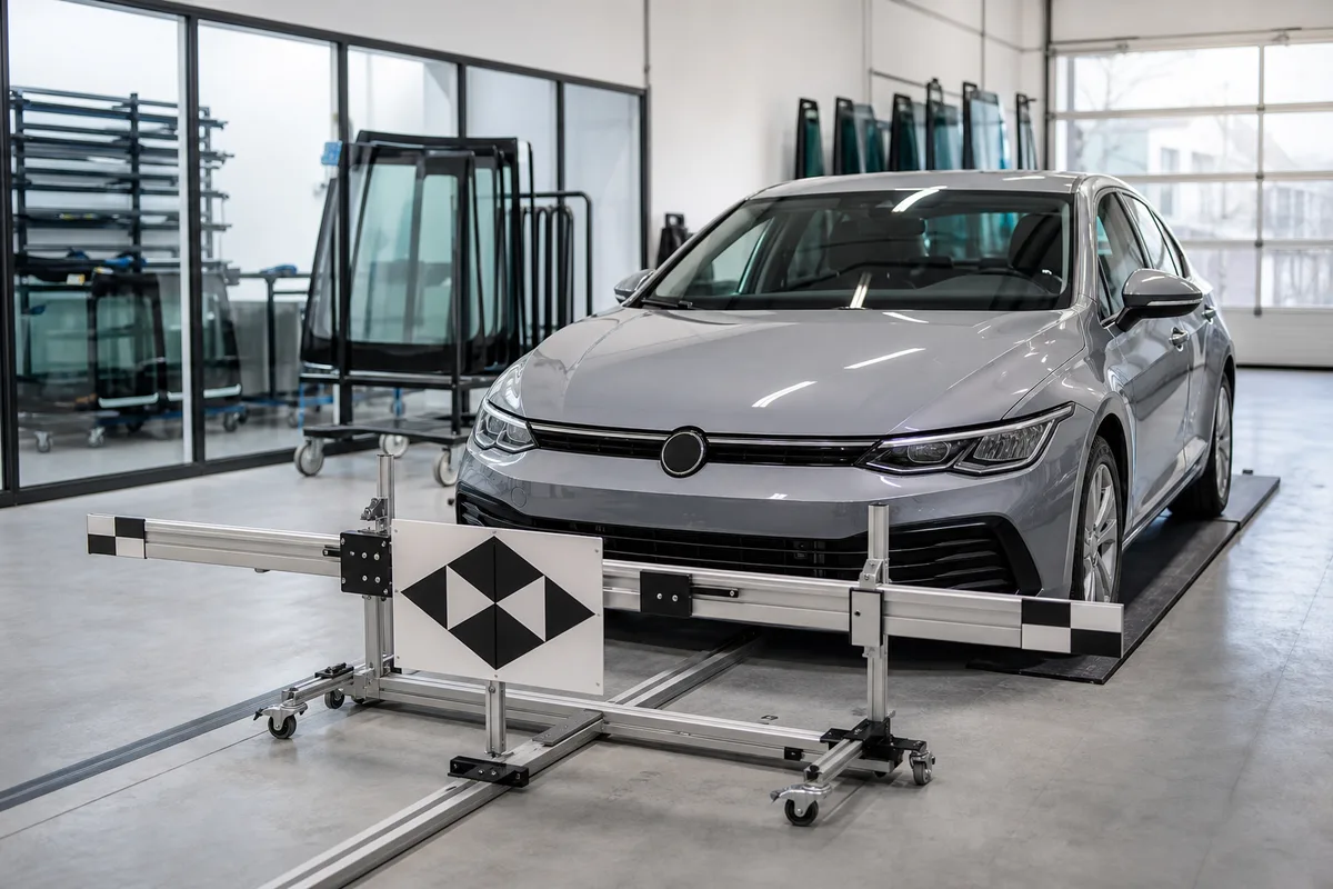 Véhicule positionné devant une mire de calibrage dans un atelier