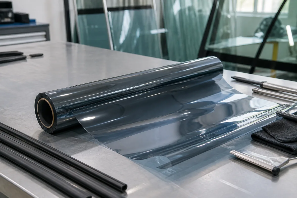Rouleau de film solaire déroulé sur un plan de travail d&rsquo;atelier