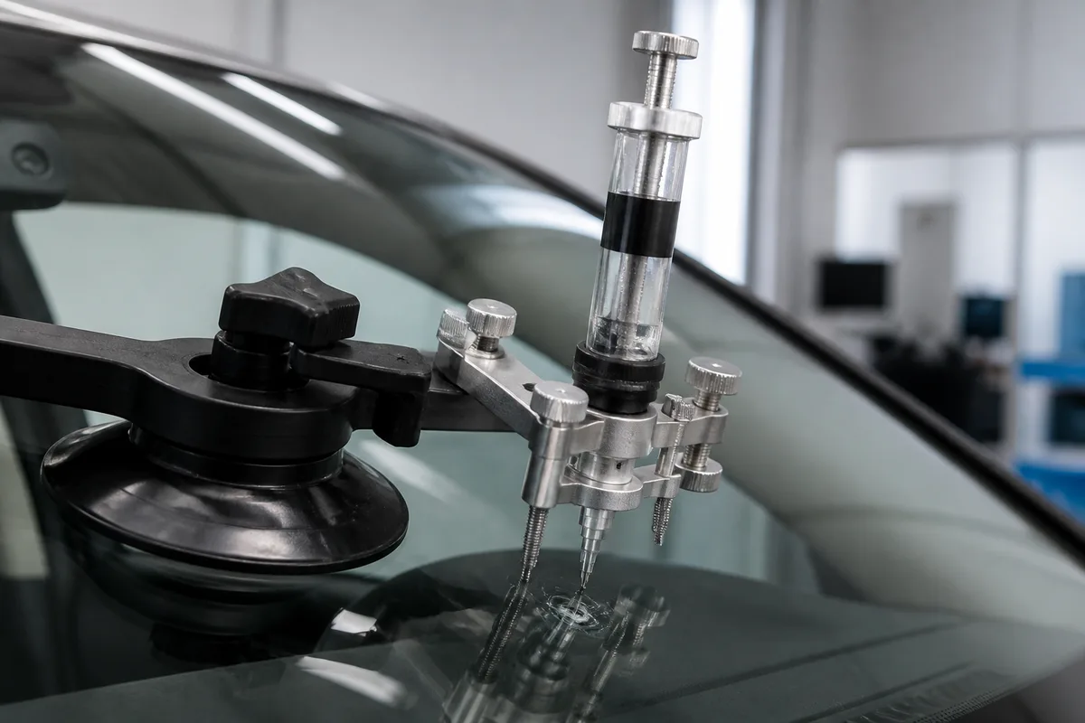 Outil à ventouse posé sur un vitrage pour une injection de résine
